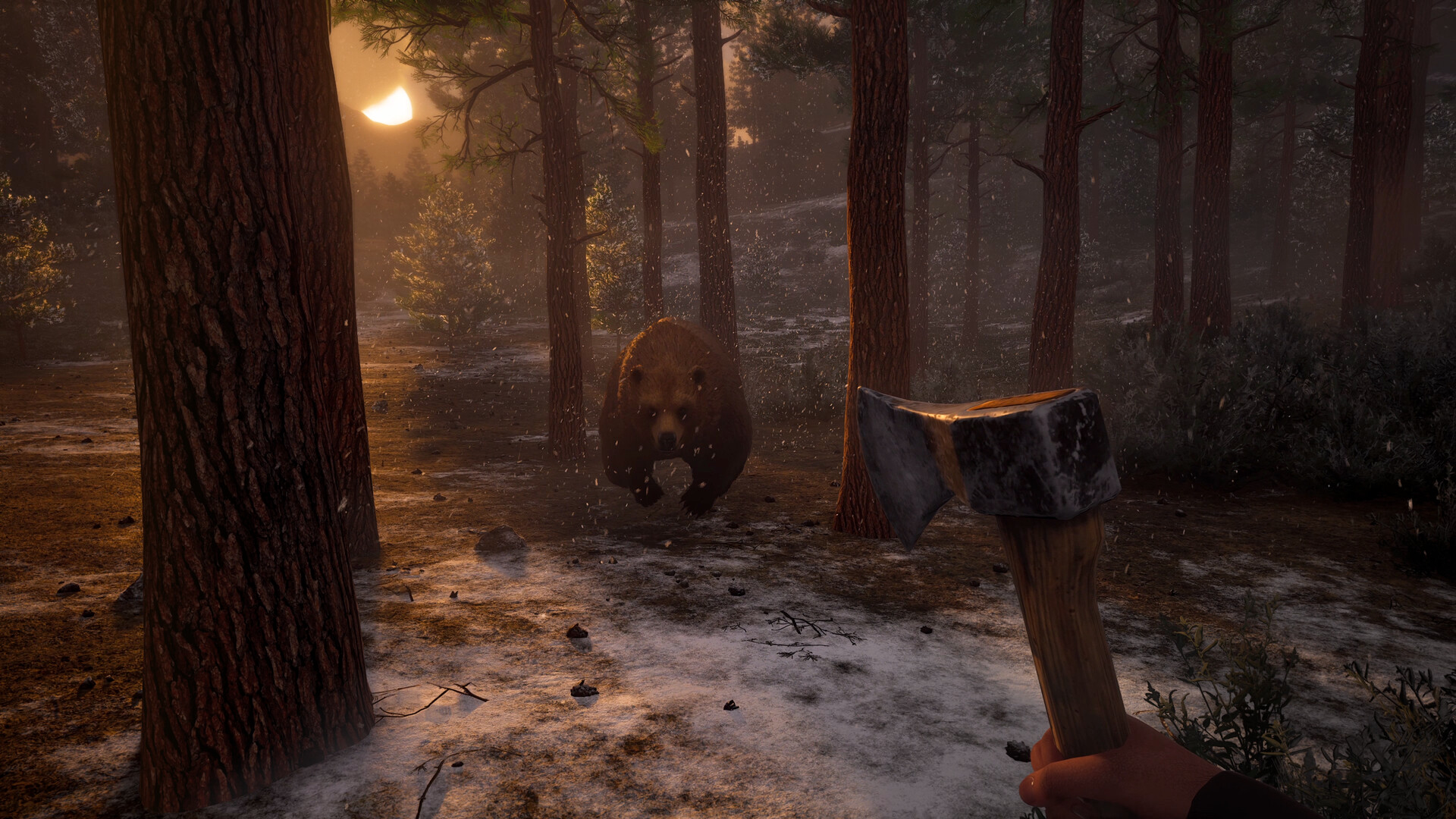 First-person view in Westlanders of a player holding a hatchet as a grizzly bear approaches through a snowy forest at dusk