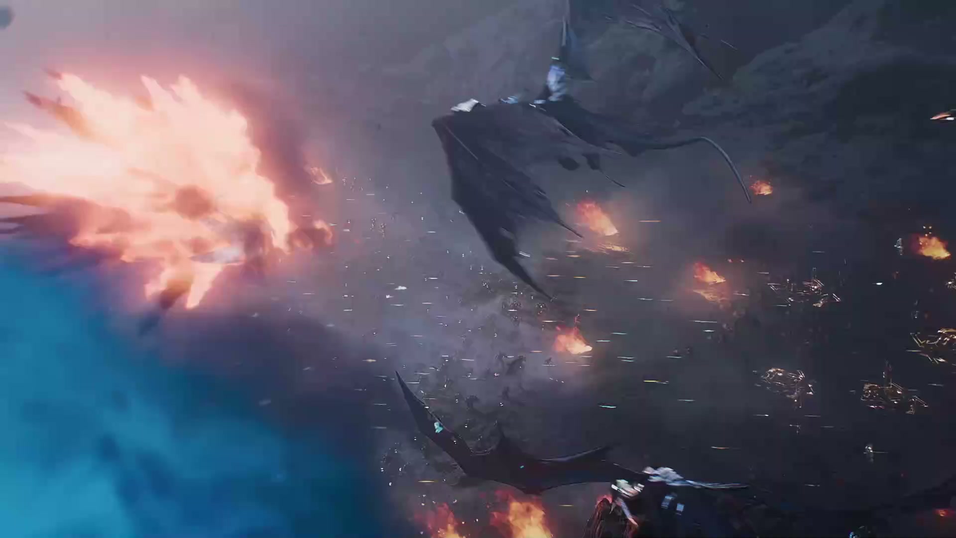 Frame from the official Bringer concept site cinematic: winged dark shapes and small flying craft trade fire over a shattered grey landscape, with bursts of flame across the frame