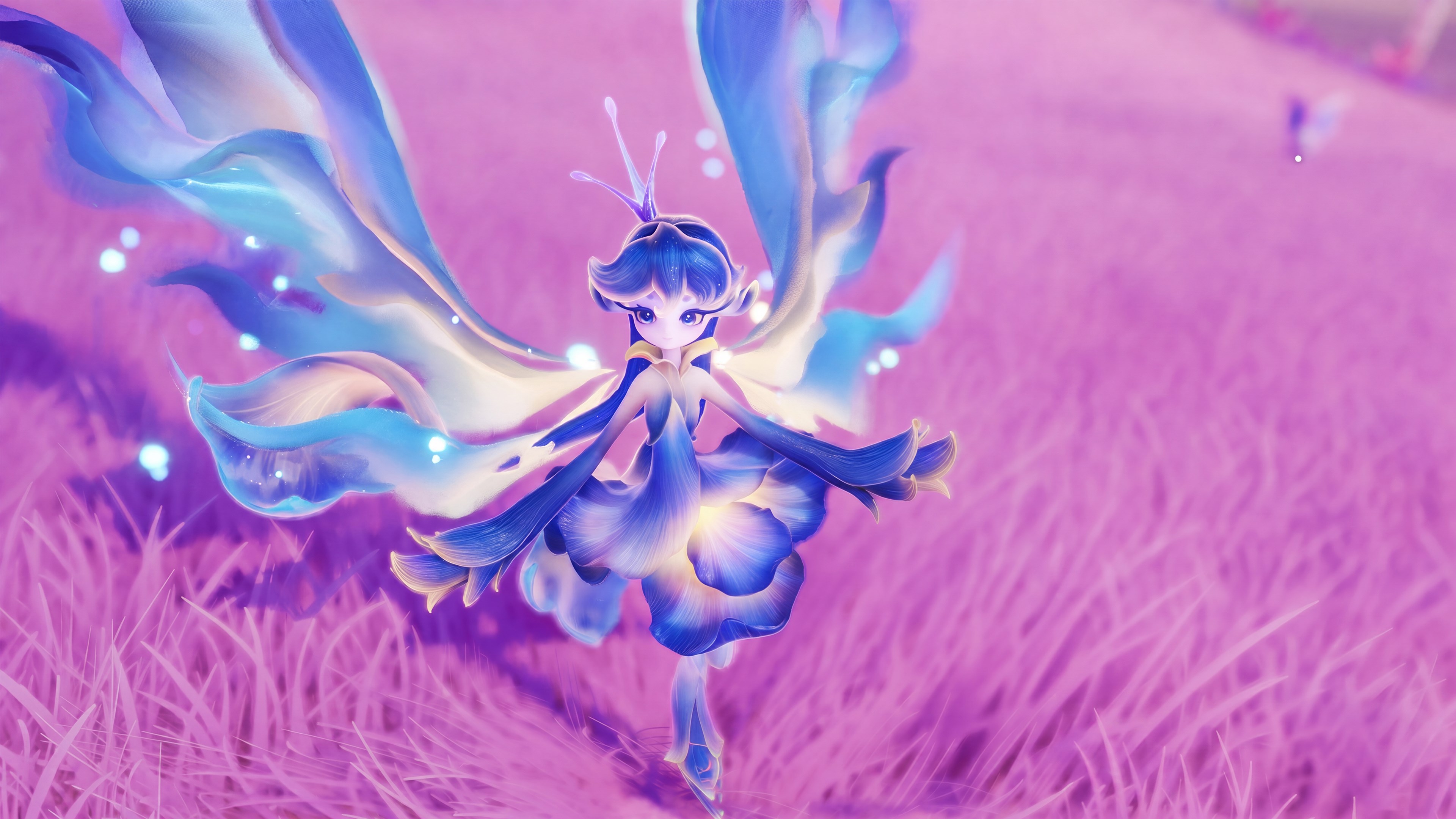 A translucent blue crystalline Aniimo hovering above a field of magenta grass