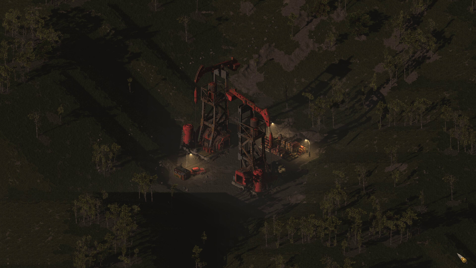 An oil pump derrick working a deposit at night in D.O.R.F.