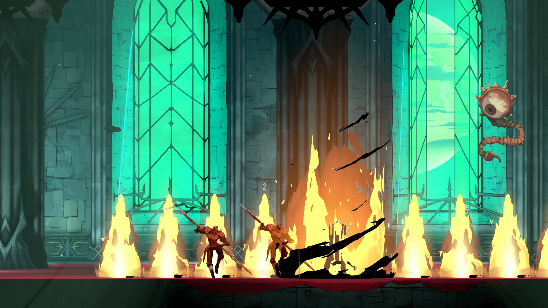 Rose fights two spear-wielding armoured enemies among pillars of fire, with a floating eyeball creature at the right