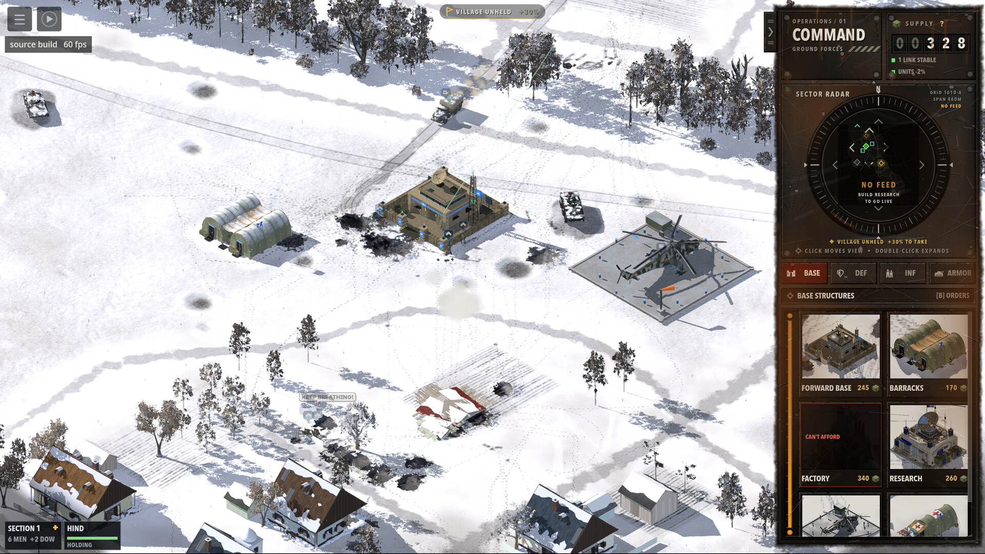A snowy forward base has barracks and a helicopter pad beside the construction and supply interface.