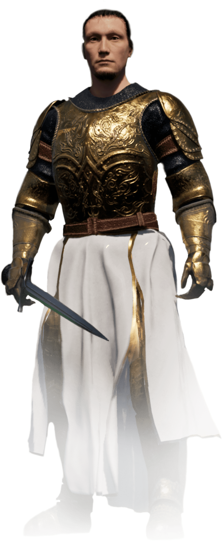 Official character art of a Drair in gold armor and white robes