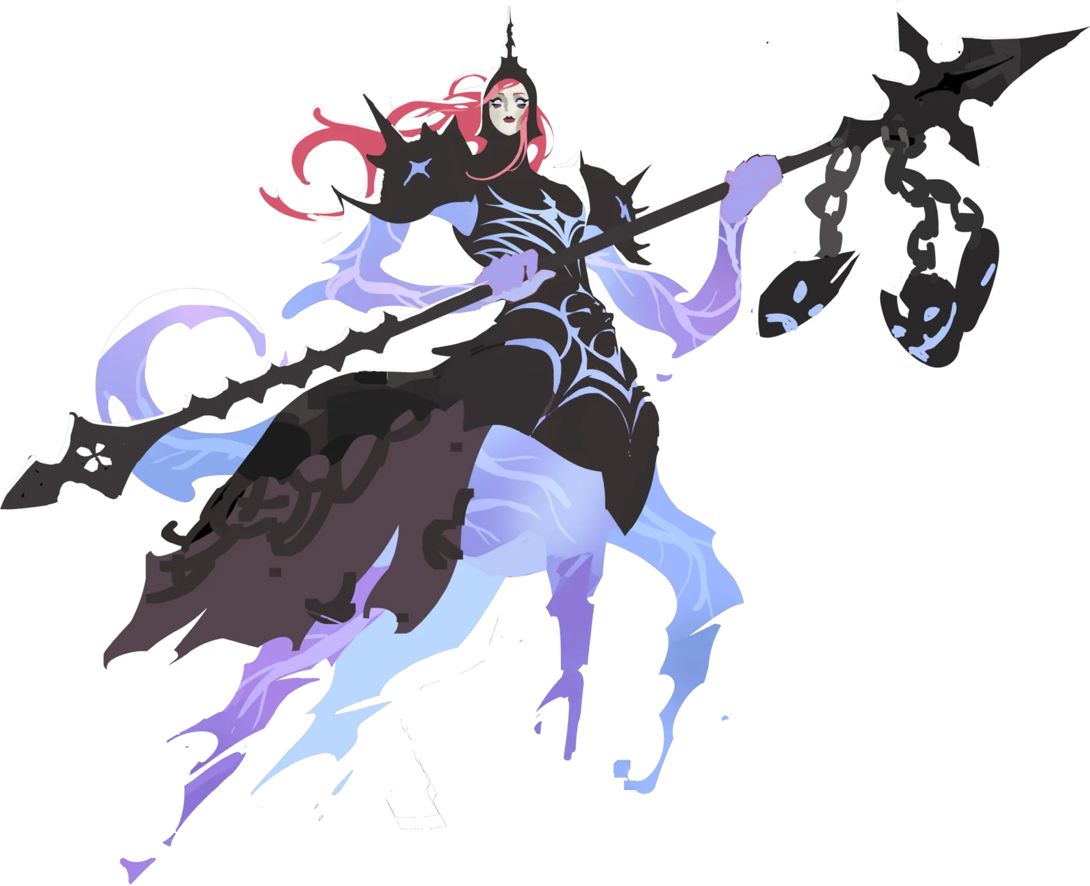 Official art of Mur-mur, the Inquisitor, the Act 4 boss of Ember and Blade, a pink-haired figure in dark spined armour wielding a long chained polearm wreathed in blue flame