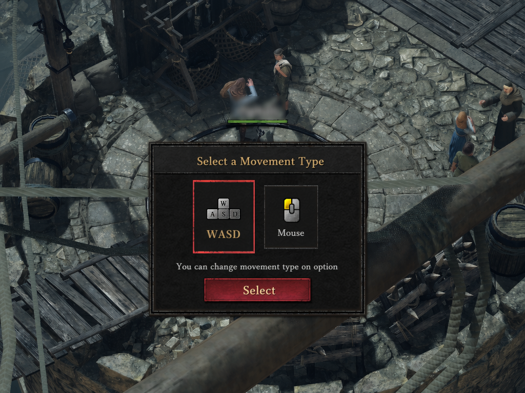 Movement input options in Embers of the Uncrowned, showing mouse and keyboard movement settings