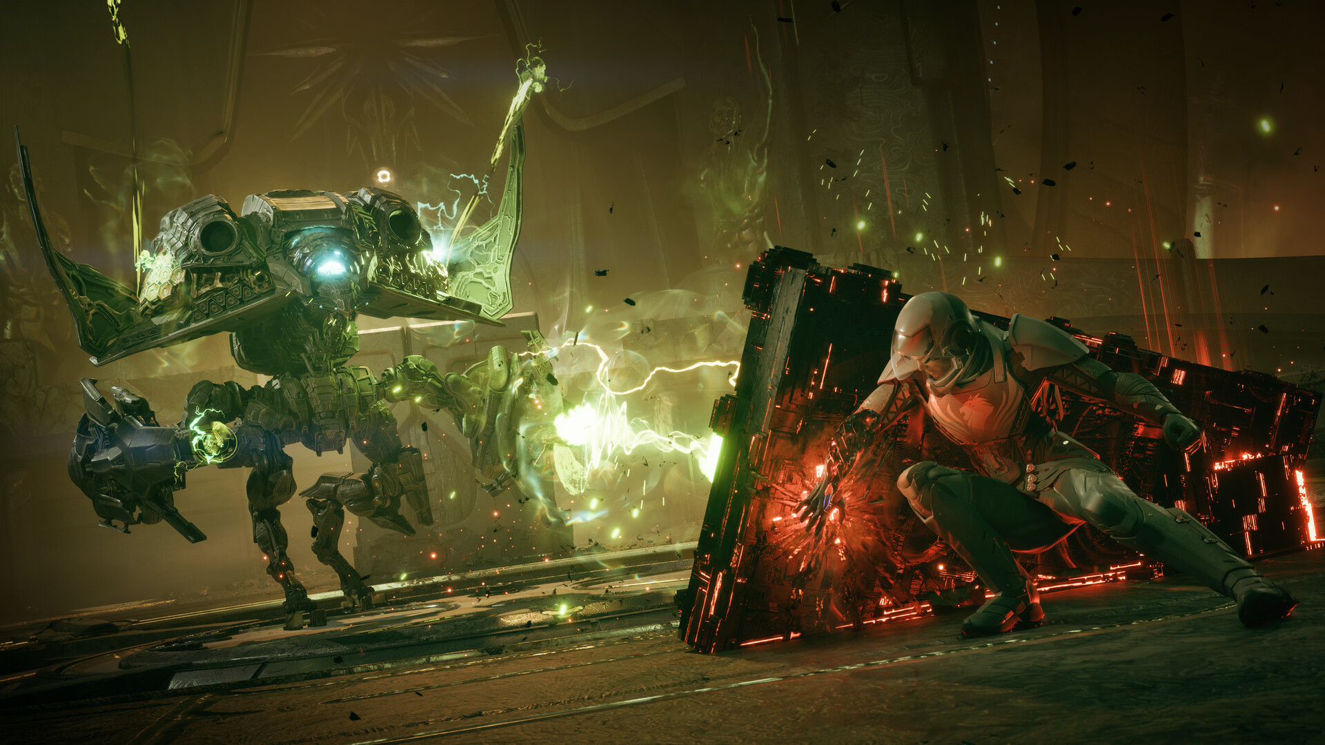 A Traveler braced behind a slab of glowing livestone while a green-lit four-legged Celestial machine advances across a carved chamber