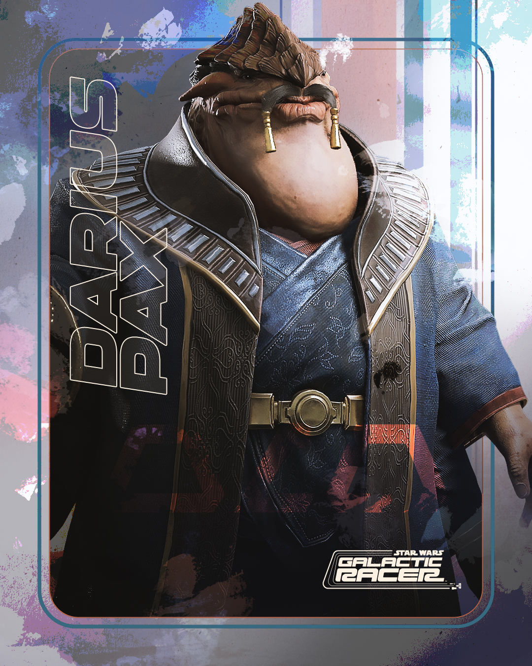 Official character art of Darius Pax, the Besalisk founder of the Galactic League, in a dark high-collared robe with a gold belt buckle