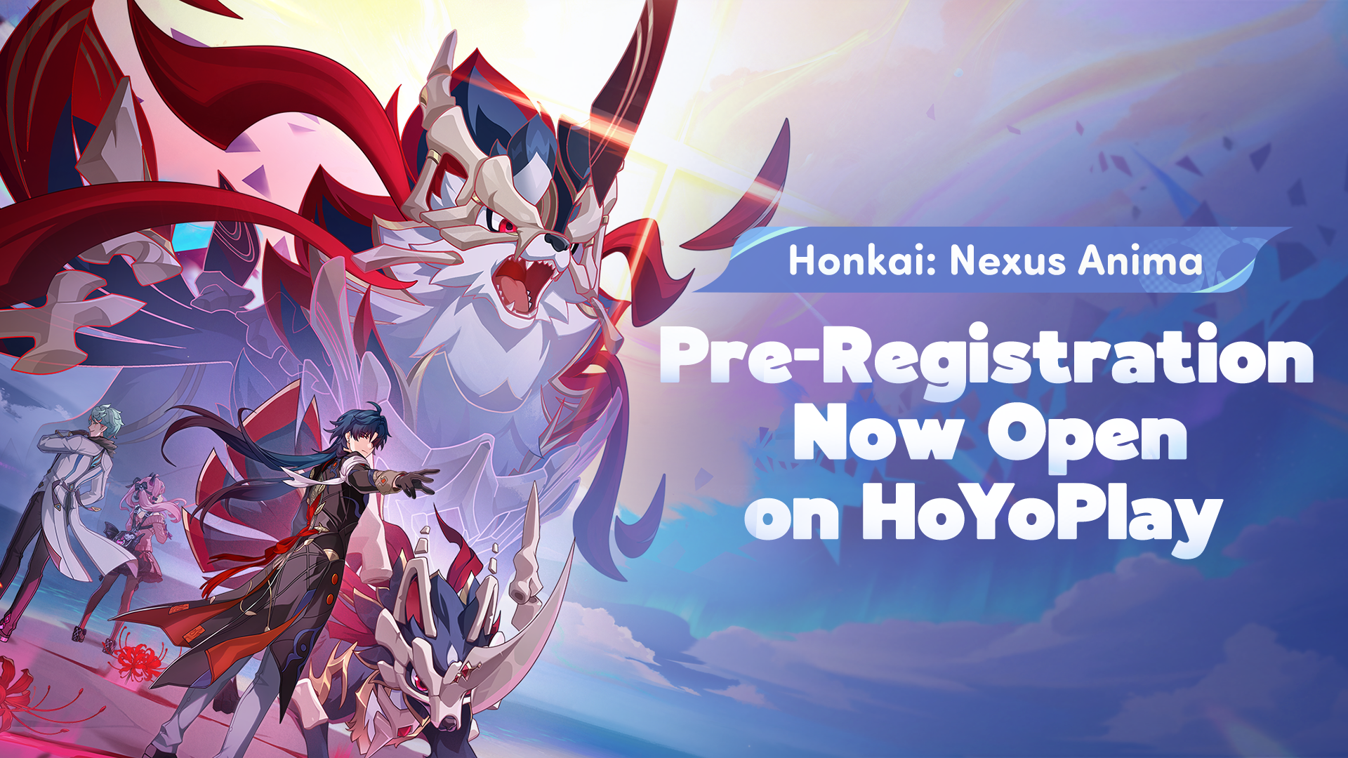 Honkai: Nexus Anima key art announcing that pre-registration is open on HoYoPlay, September 2026