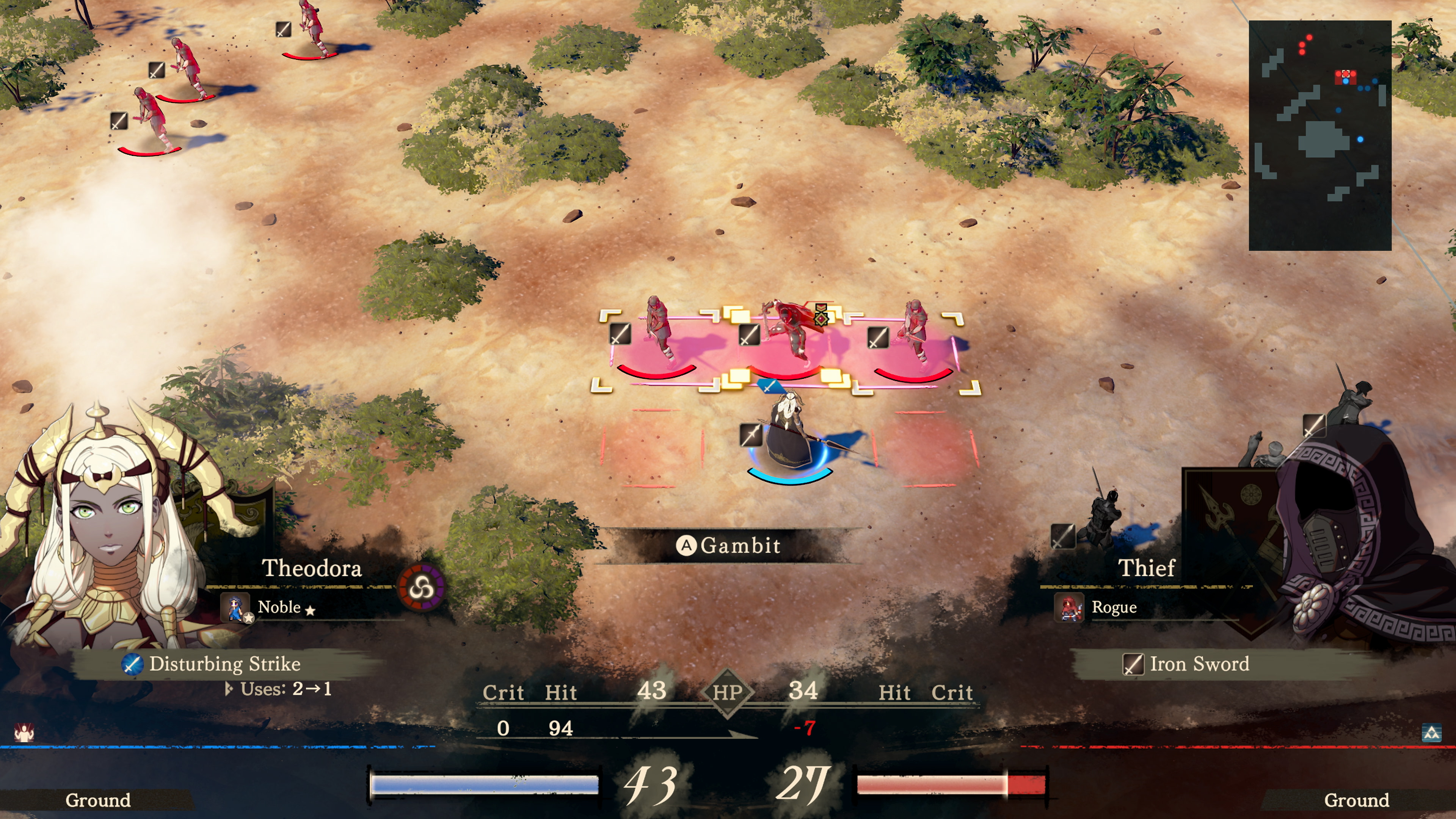 Theodora selecting a Gambit that targets three enemy soldiers in a highlighted box on a scrubland battle map