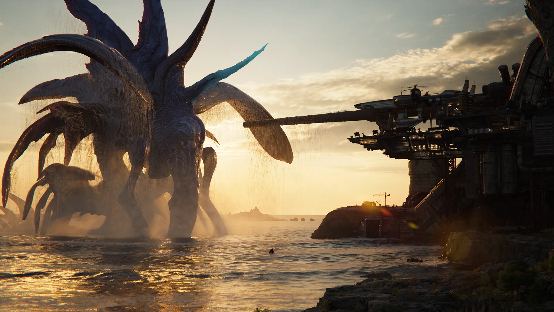 An enormous Weapon rises from the water at sunset in Final Fantasy VII Revelation