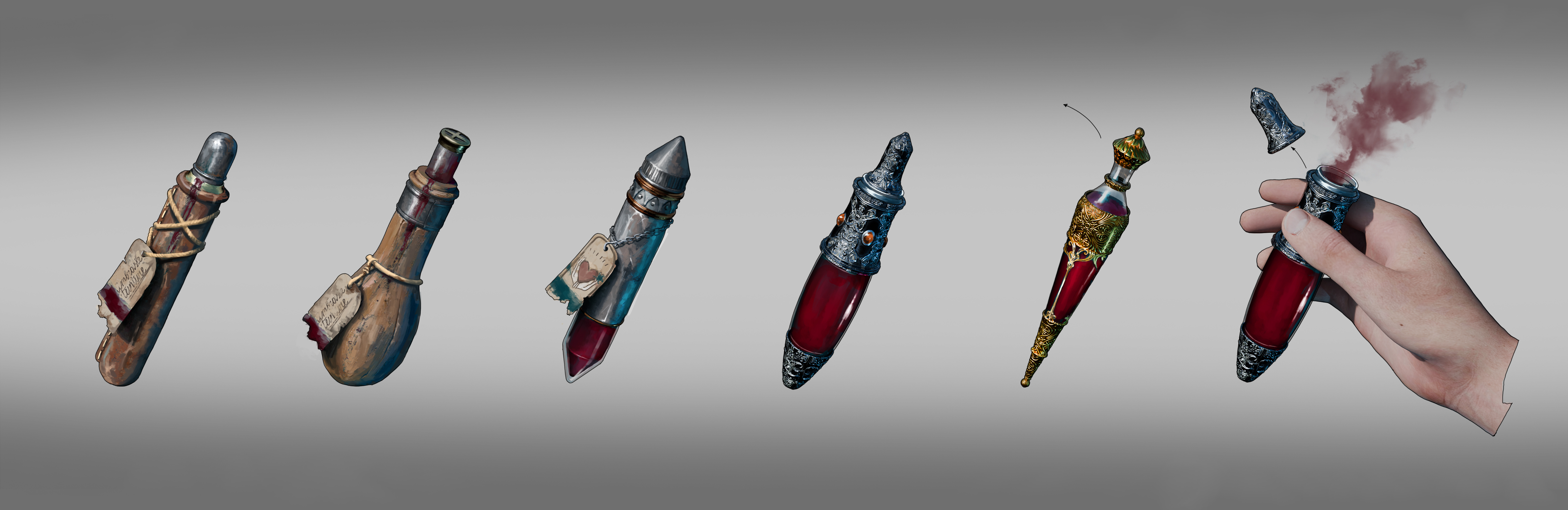 Concept art for HUNGER's Ampoules, showing six single-use vials of ascending quality from a rope-bound wooden flask to a gilded filigree bottle, ending with a hand holding an opened ampoule as red vapour rises from it.