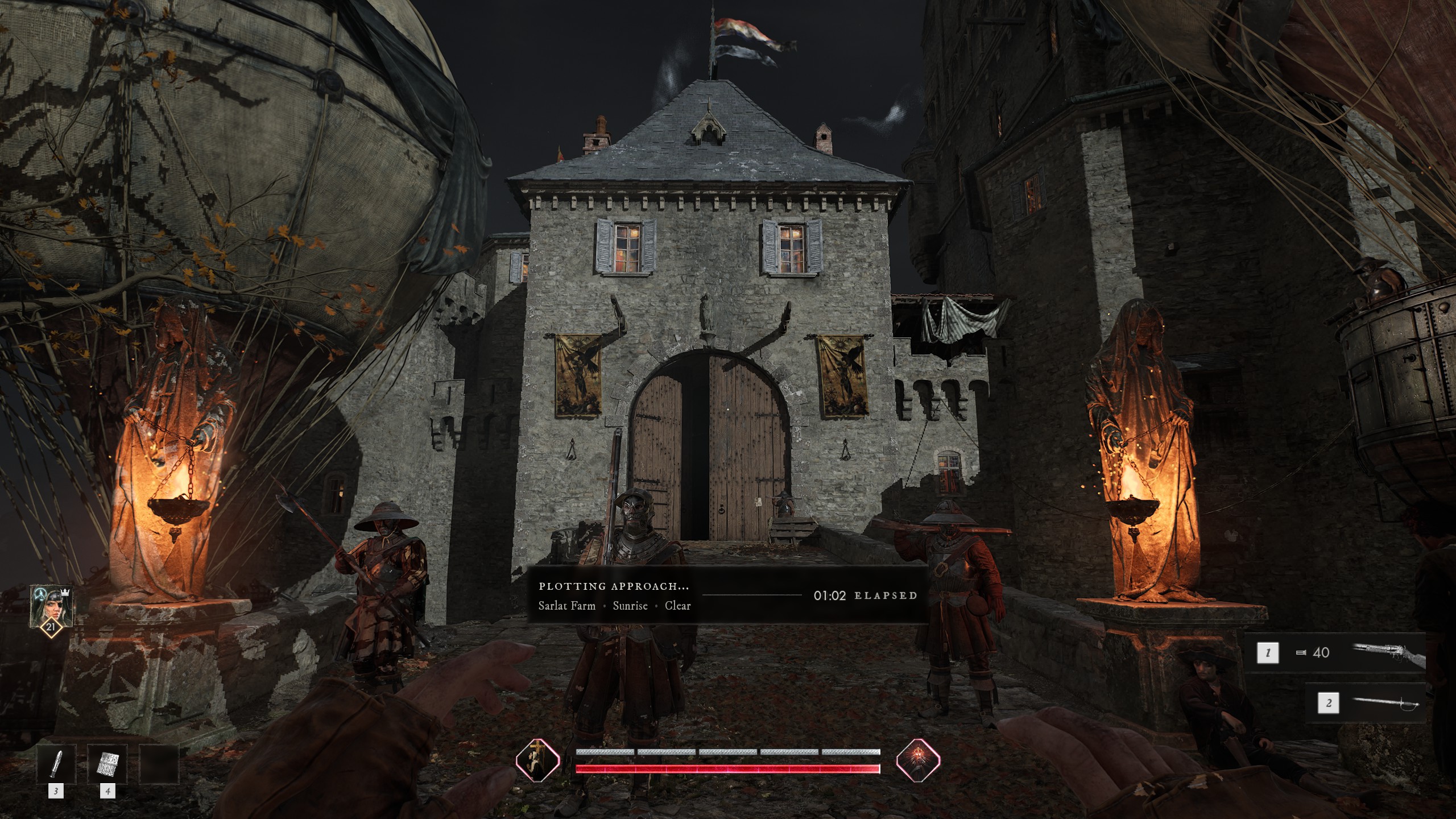 First-person view of the Chateau gatehouse at night in HUNGER, with moored dirigibles and brazier-bearing statues flanking the gate, while a Plotting Approach banner reports the Sarlat Farm destination at sunrise in clear weather and counts the time elapsed during matchmaking