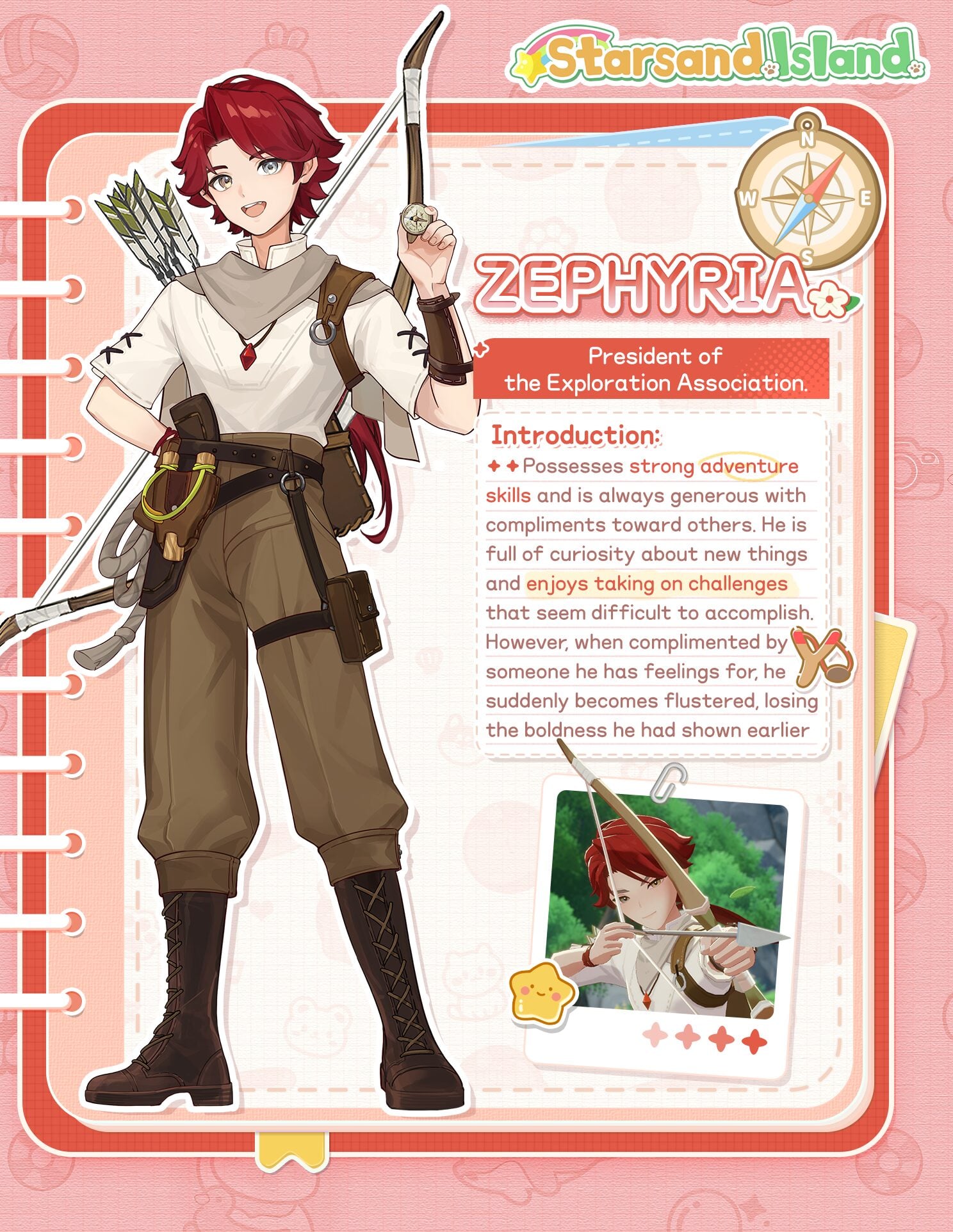 Zephyria official character introduction card showing his full-body art as president of the Exploration Association