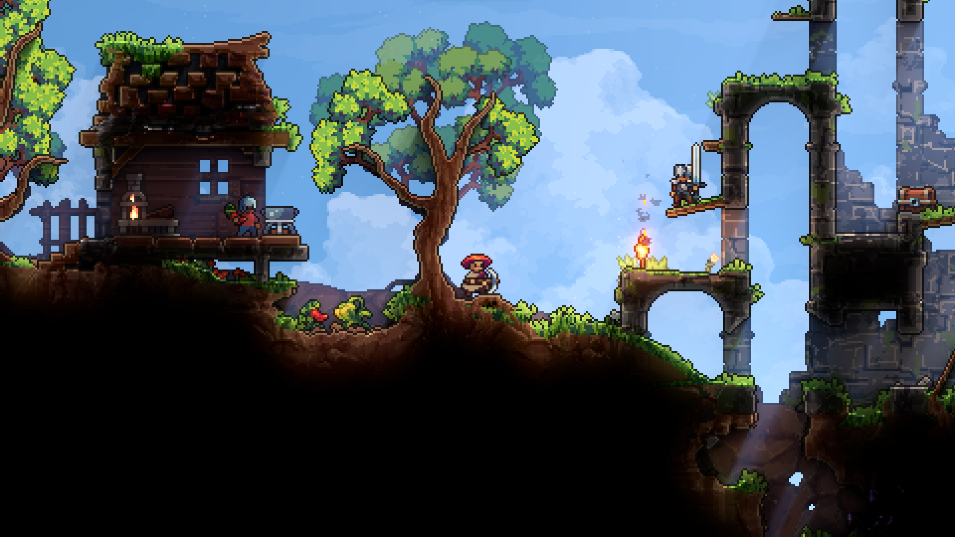 KYORA forest ruins in daylight, with a wooden cottage built on a platform beside a broad green tree, a player working at a forge and anvil indoors, a bow-carrying player under the tree, an armoured player raising a sword on a mossy stone arch, and unexcavated earth below