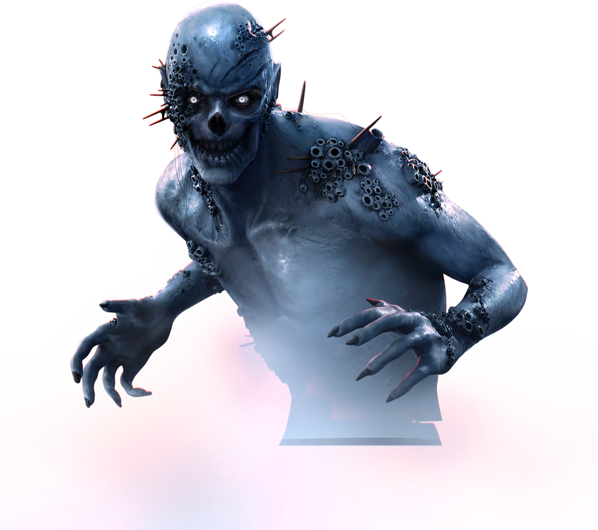 Official render of a Last Harbor undead figure, its head and shoulders crusted with tubeworm and barnacle growths, reaching forward with elongated clawed fingers