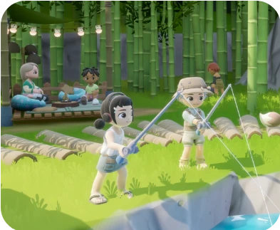 Players fishing beside water and bamboo.