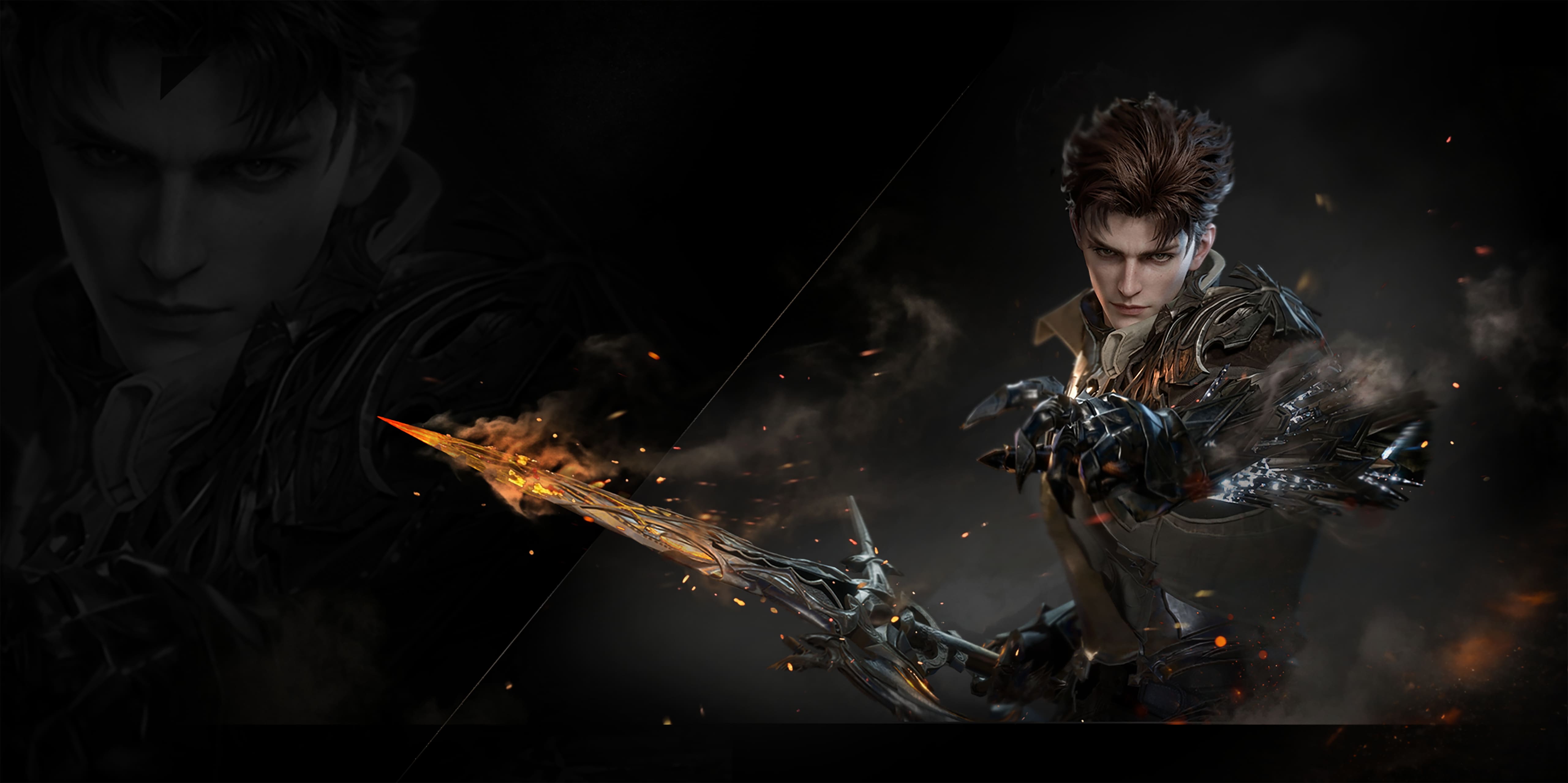 Official Bard Pathway character key art, a fighter wielding a flaming blade amid drifting embers