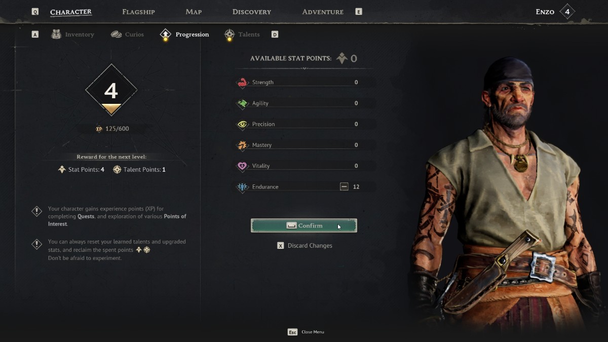 Windrose attributes and stats allocation screen