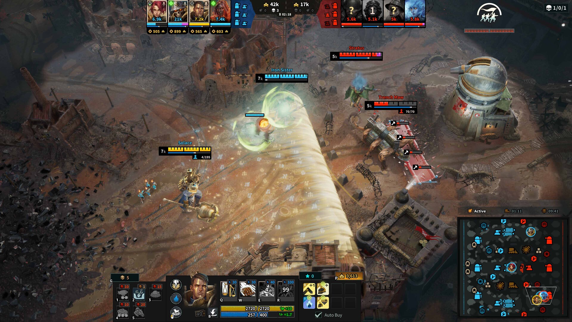 Solace, Iron Sister, Stratus, and Trench Maw fight beside a fortified tower