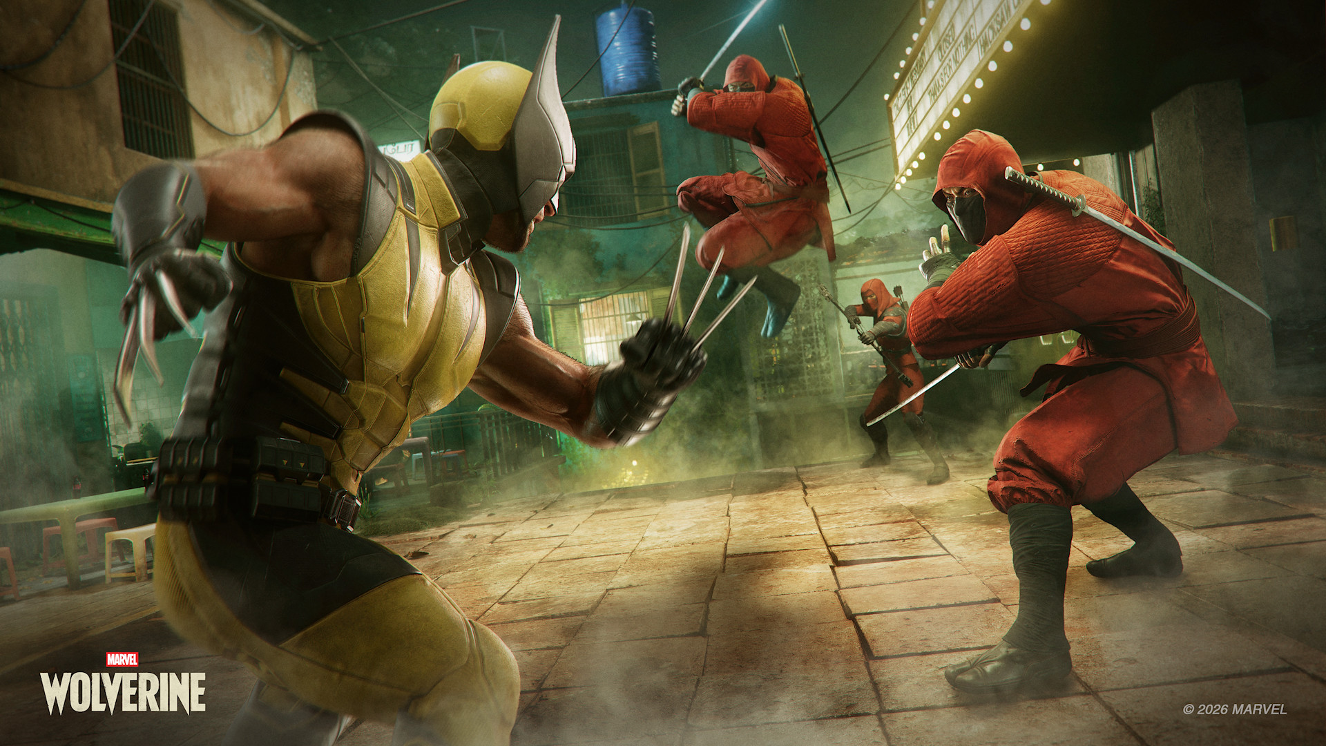 Wolverine in the yellow and black suit with claws extended, fighting four red-hooded Hand ninjas armed with katanas in a fog-lit street