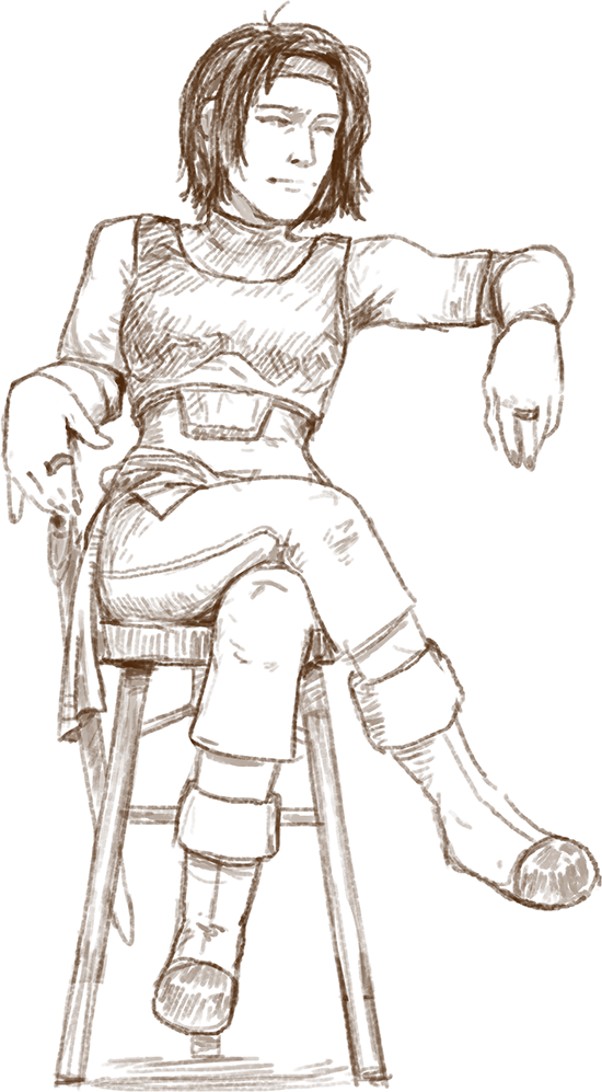 Concept sketch of a Human woman in light armour seated on a tall stool
