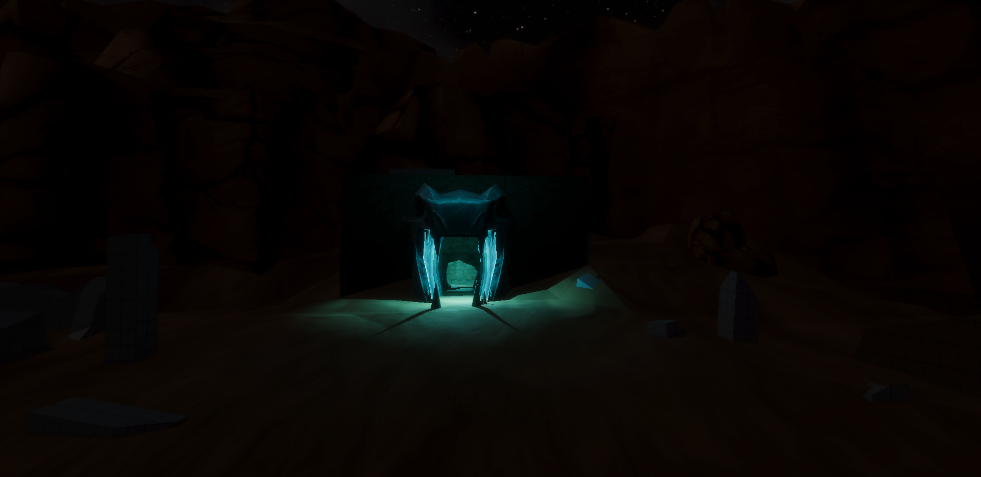 In development view of a dark cavern lit by a glowing blue doorway