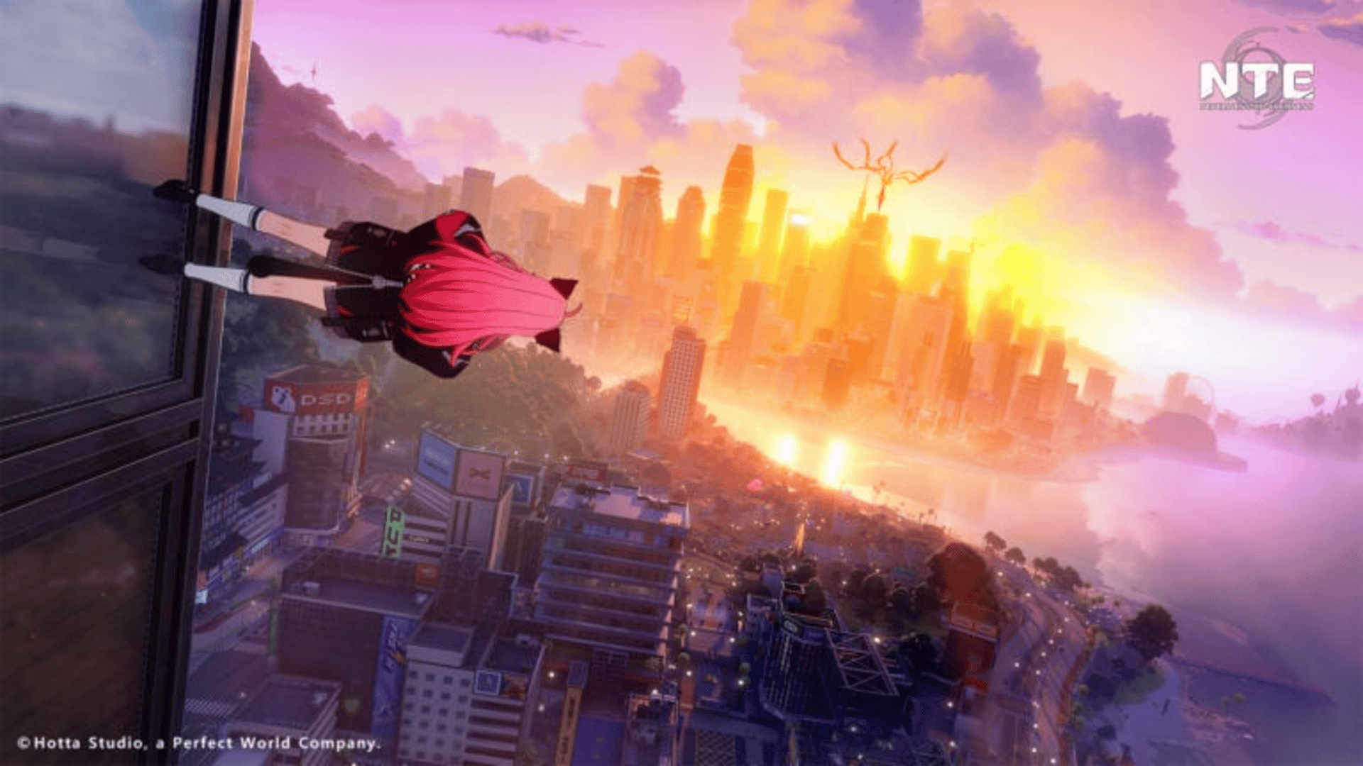 A character gliding over the Hethereau cityscape at sunset in Neverness to Everness