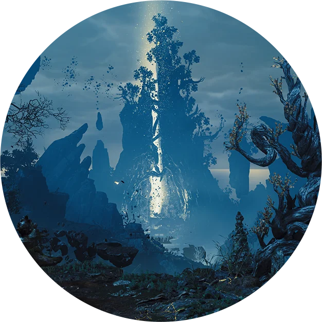 Official location art for the Oni Refuge, a blue-lit otherworldly realm of floating rock, bare twisted trees and a shaft of light rising through the haze