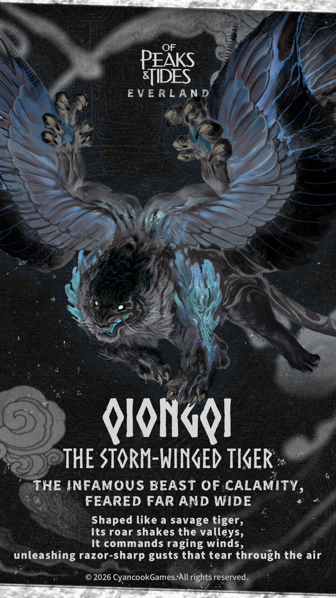 Official creature card for Qiongqi, the Storm-Winged Tiger, a winged tiger wreathed in pale blue storm light