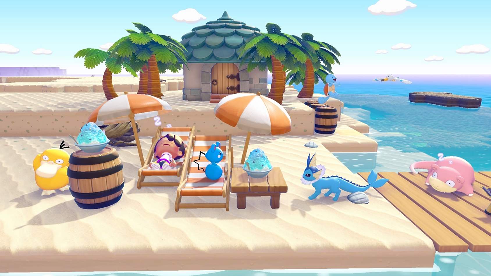 Ditto relaxing on the beach with Slowpoke and other water-type Pokemon on lounge chairs