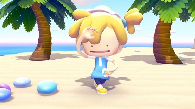 A player character standing on a sandy beach with palm trees and blue ocean at Bleak Beach