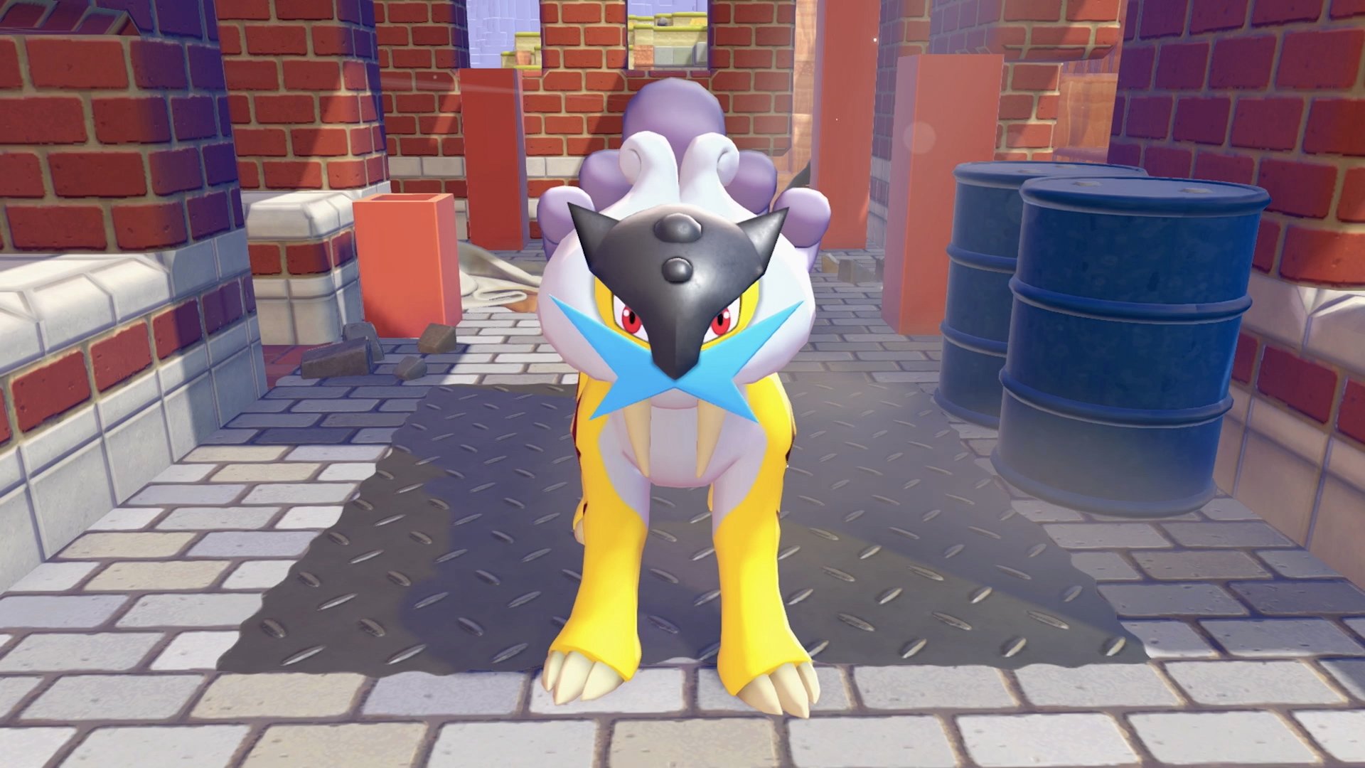 Raikou the legendary Pokemon standing in an industrial brick area with blue barrels in Bleak Beach