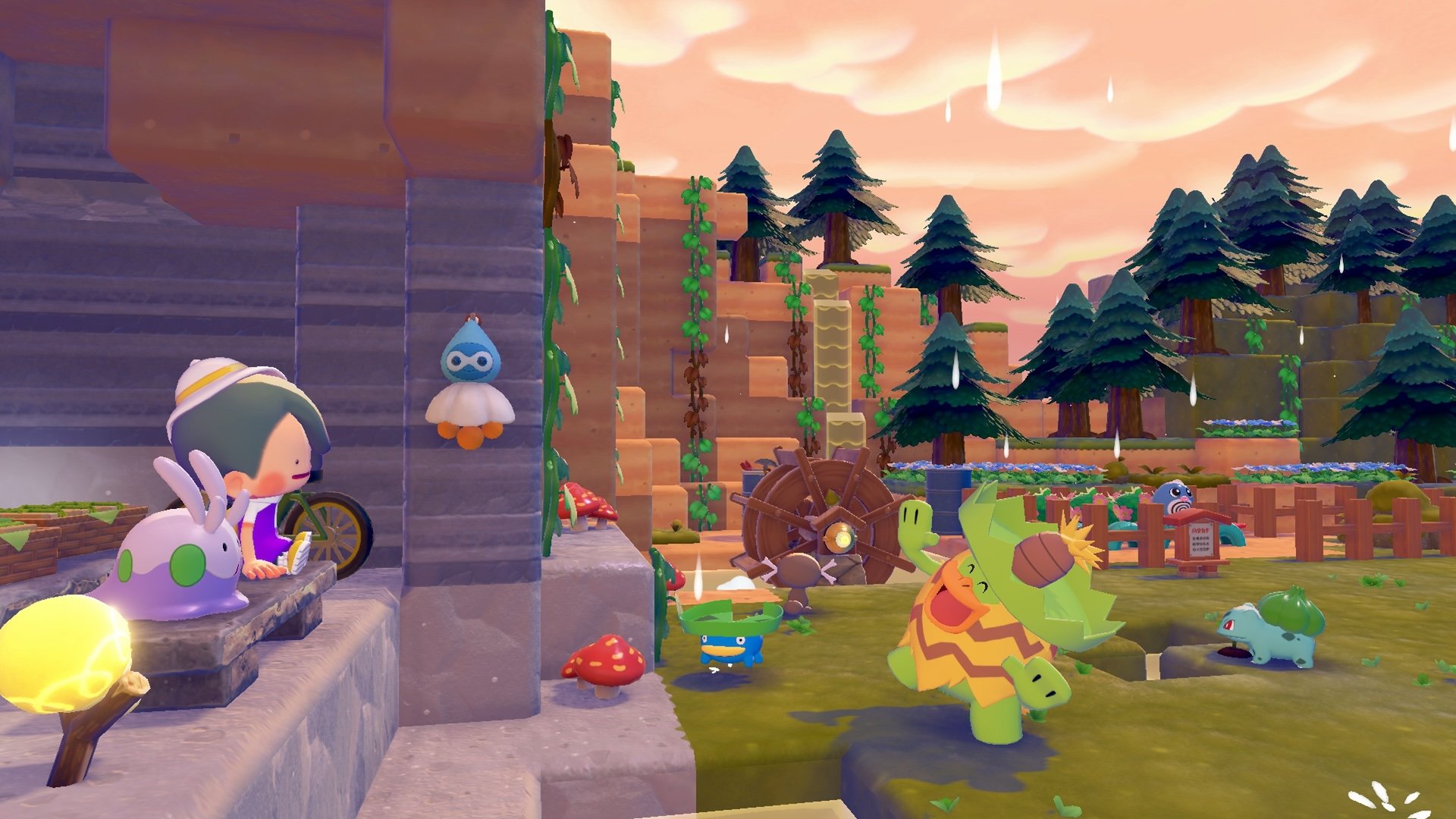 A rainy scene showing a waterwheel structure near a river with lush greenery and ambient lighting