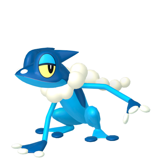 Frogadier sprite from Pokemon Pokopia showing the Bubble Frog Pokemon with Water specialty