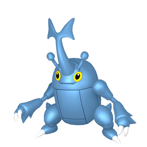 Heracross sprite from Pokemon Pokopia showing the Single Horn Pokemon with Chop and Build specialties