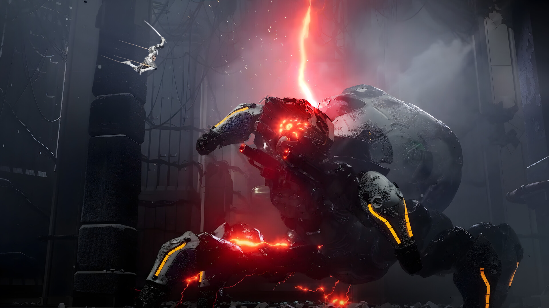 Yuzuki leaping mid-air toward a four-legged mechanical boss with a glowing red weak point