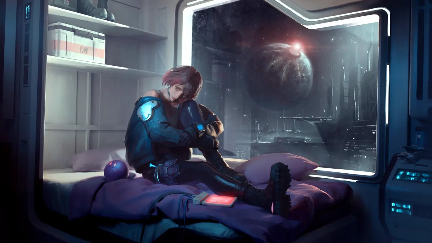Official character art of Sofia Del Rio sitting on a bunk with her knees drawn up, looking out a cabin window at a dark planet and orbital structures, a purple spherical companion robot beside her