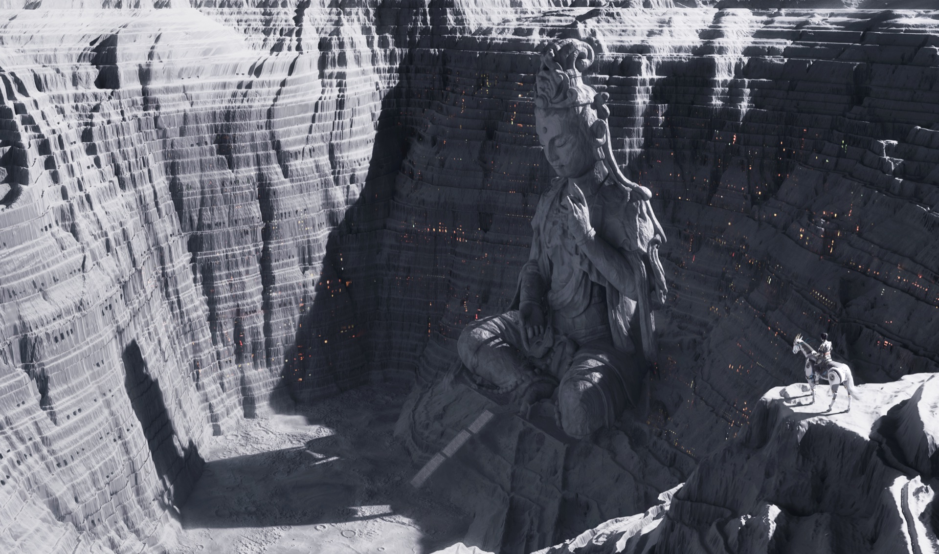 Colossal seated Buddha carved into the terraced wall of a lunar open-pit mining city, its strata threaded with lit windows, with a rider on a mechanised steed on a ledge at right