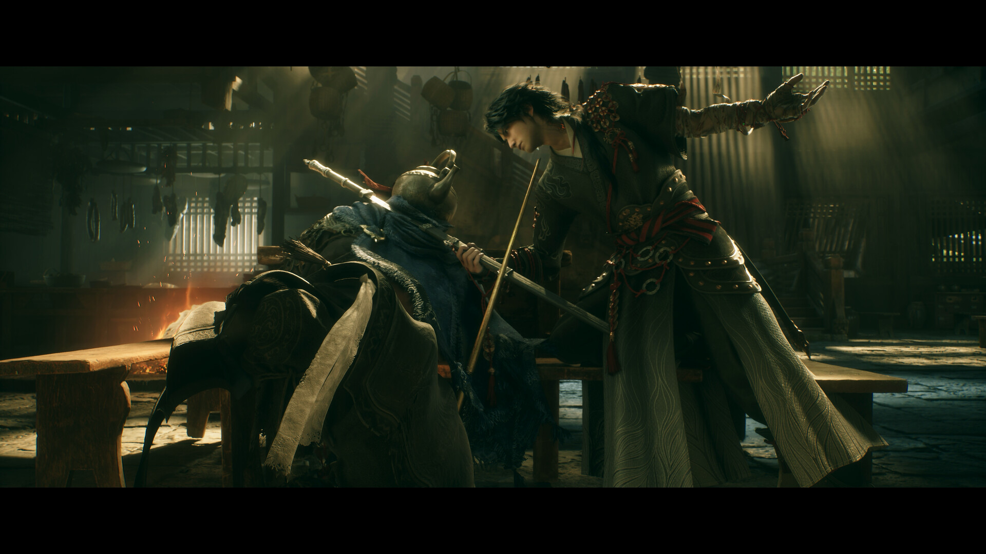 An inn interior where a cloaked figure with a brass teapot for a head sits across a crossed weapon from the player character.