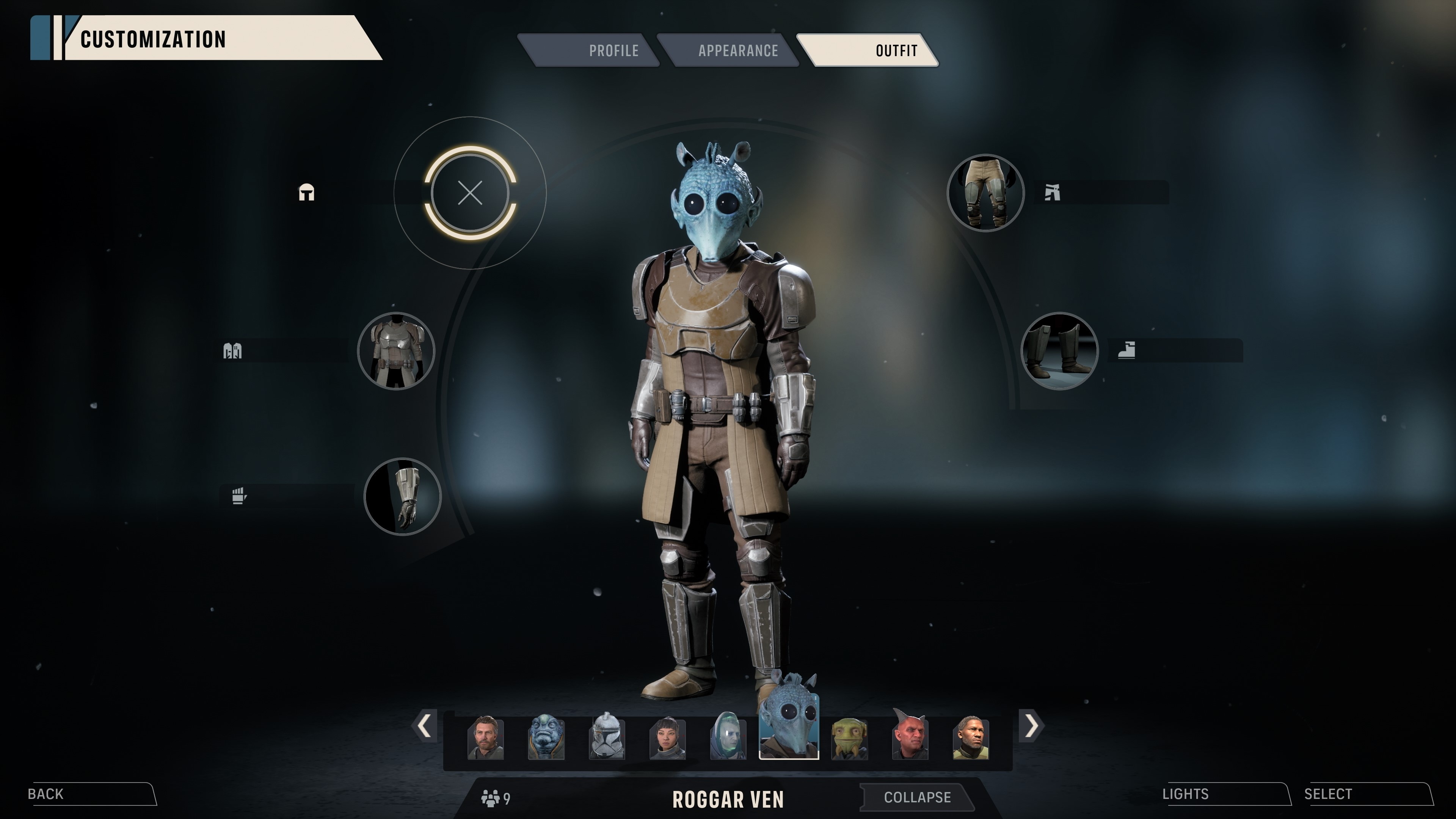 The Customization screen on the Outfit tab, showing an Operator named Roggar Ven with equipment slots for helmet, chest, gloves, legs and boots
