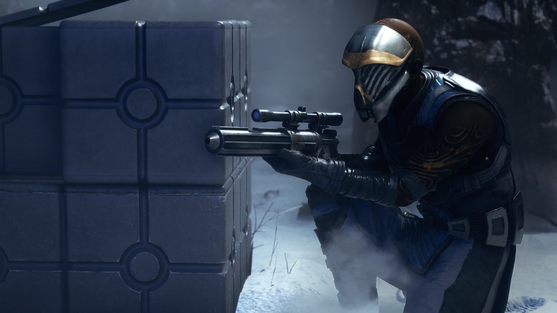 An Infinite Coil fighter in a gold-trimmed faceplate helmet kneeling behind a crate in the snow with a scoped rifle