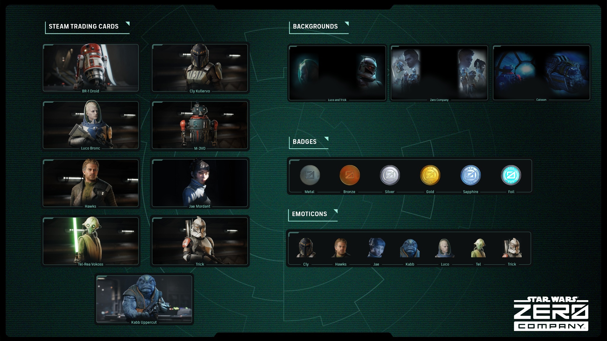 Official sheet of the nine trading cards, six badge tiers, three profile backgrounds and seven character emoticons, with card art for the BR-1 droid, Cly Kullervo, Luco Bronc, M-3VO, Hawks, Jae Mordant, Tel-Rea Vokoss, Trick and Kabb Uppercut