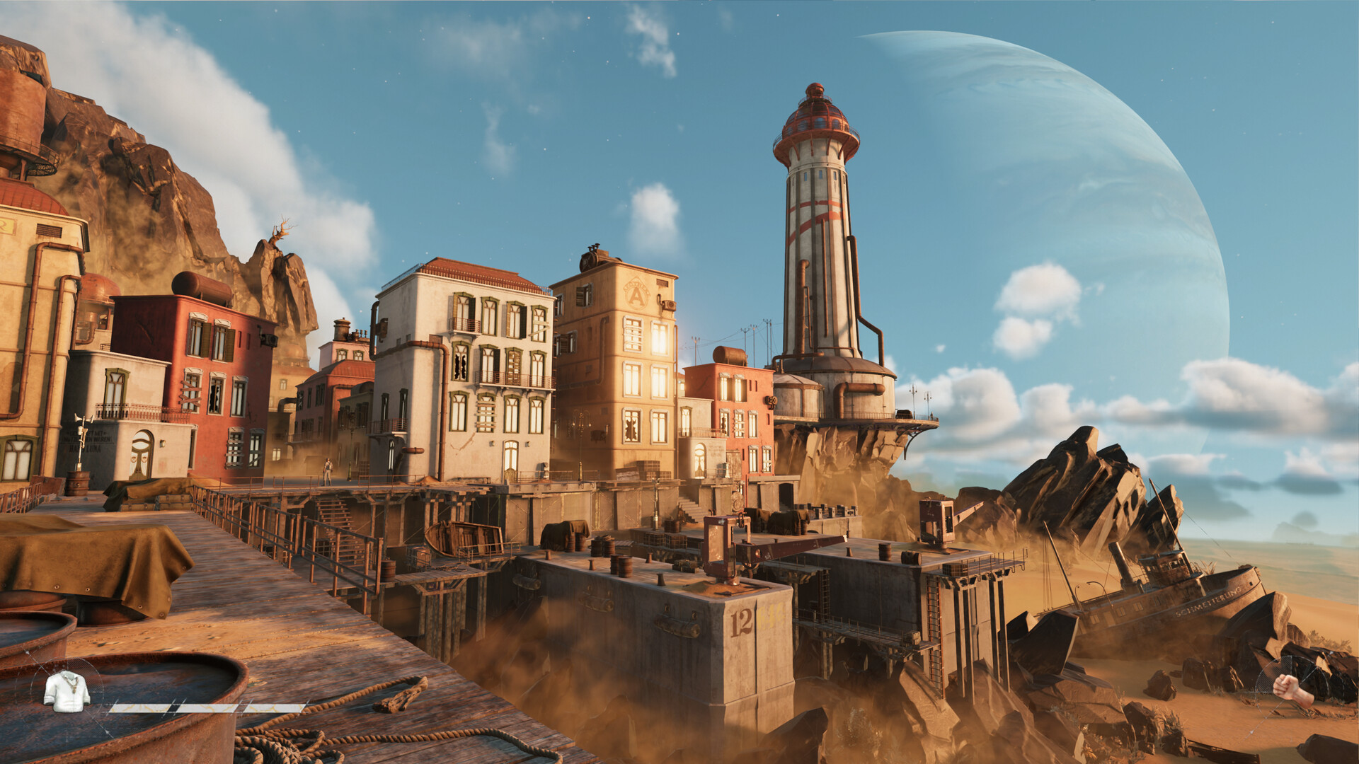 A cliffside town of Austro-Hungarian buildings and a striped lighthouse beneath a gas giant, with a beached steamer half-swallowed by the dunes