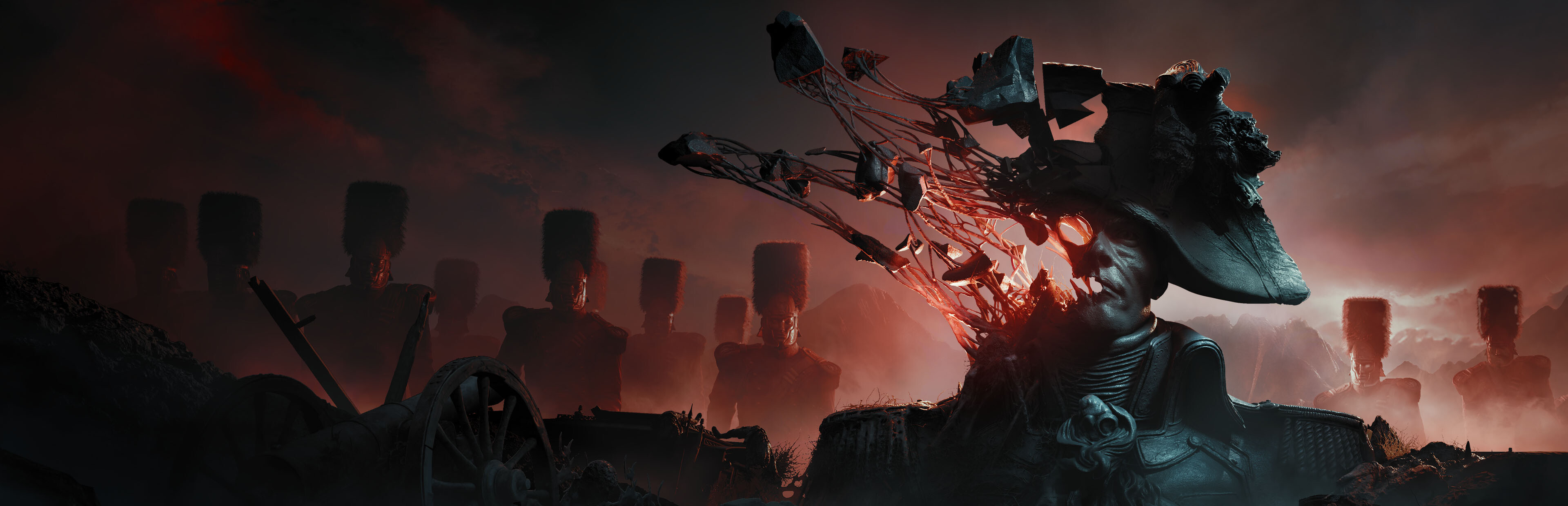 Official wide key art: a Napoleonic officer in a bicorne hat with glowing red plague growths bursting from his skull, ranks of bearskin-capped grenadiers silhouetted in the smoke behind him