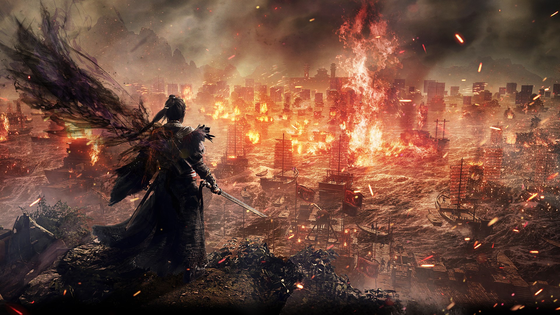 Official key art for Wo Long 2: Wings of Ember: the nameless champion stands on high ground with dark ember-wings trailing behind him, looking out over a wide river filled with burning war junks