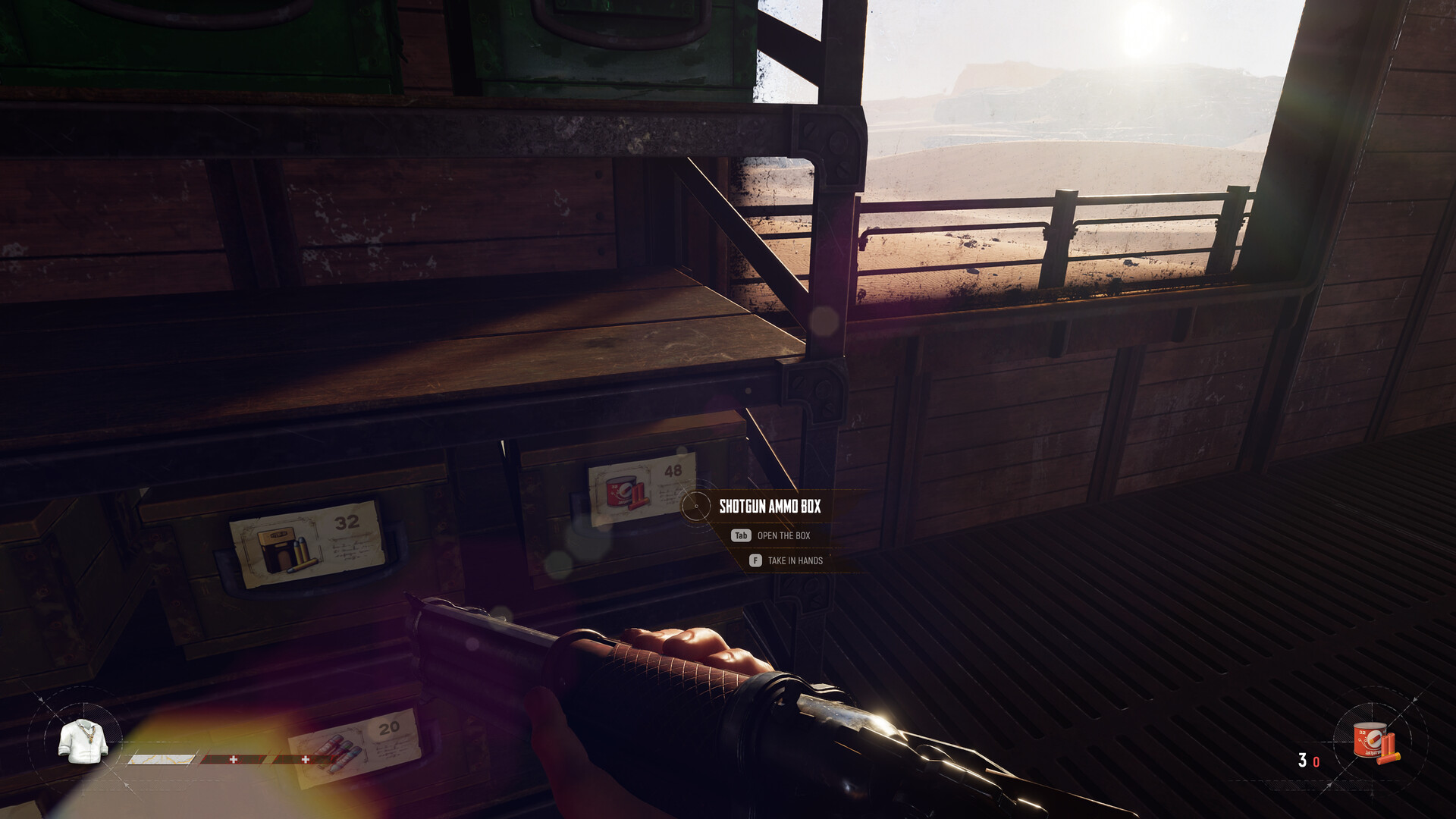 The inside of a Trampler store, with ammunition kept in labelled drawers and a shotgun ammo box highlighted for pickup