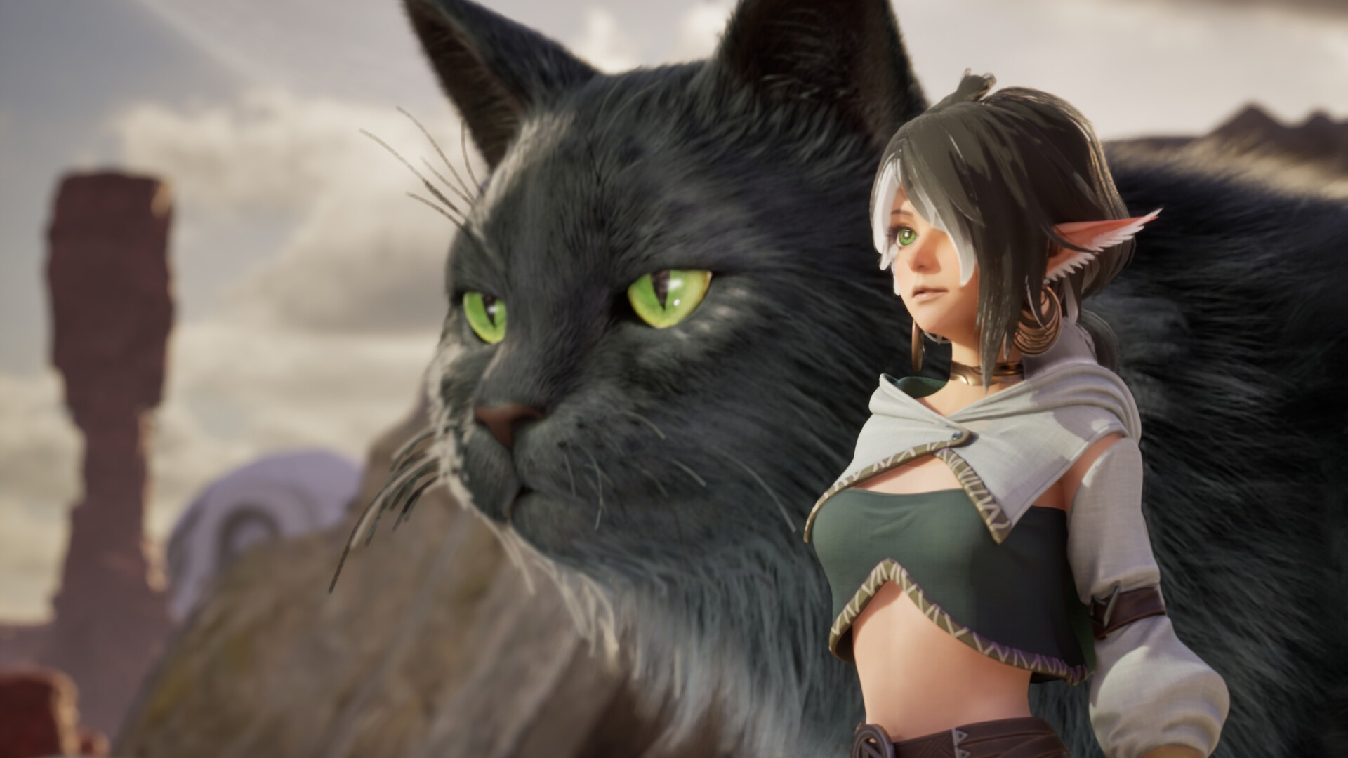 Molly stands at a clifftop beside Mio in an enormous form, the cat’s head alone taller than she is, dark long fur and bright green eyes, with desert mesas and a pale curved structure behind them
