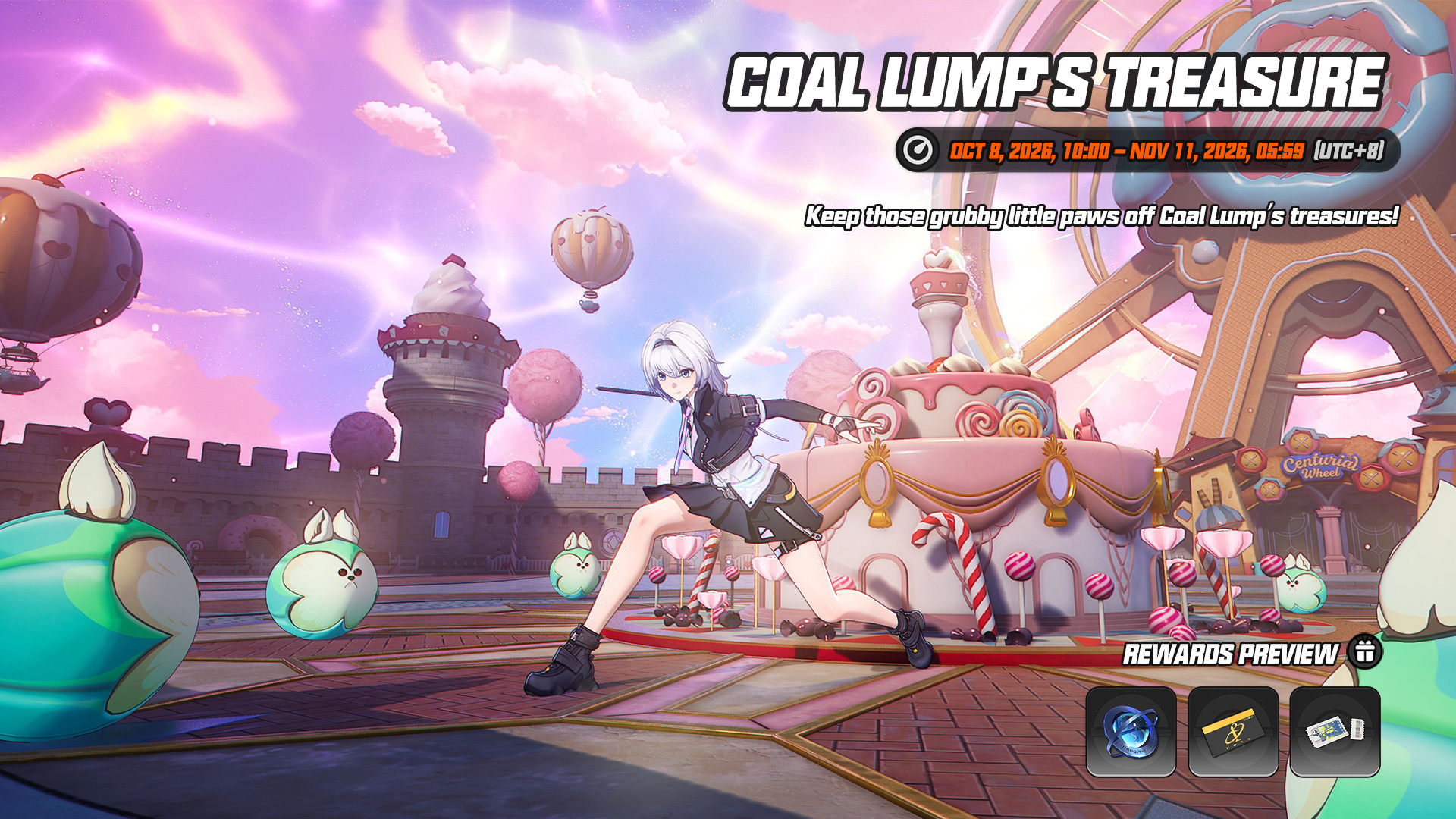 Coal Lump's Treasure event banner showing a white haired character lunging across a candy themed plaza with round green creatures, a giant cake and a Ferris wheel, with the event dates and a rewards preview