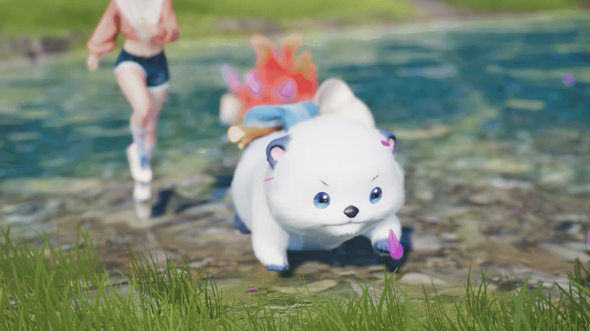 A white, fluffy Aniimo bounding through a shallow stream beside a running Pathfinder