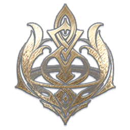 Chanter class emblem, a gold crest with a central staff and sweeping side flourishes